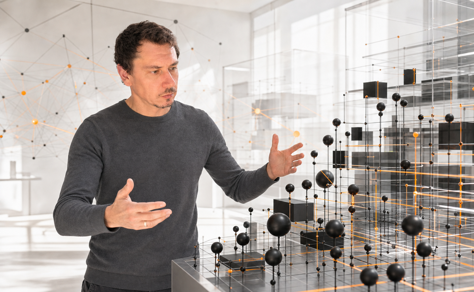 André Dück erklärt ein vernetztes KI-System aus schwarzen Knoten und orangefarbenen Signalwegen.